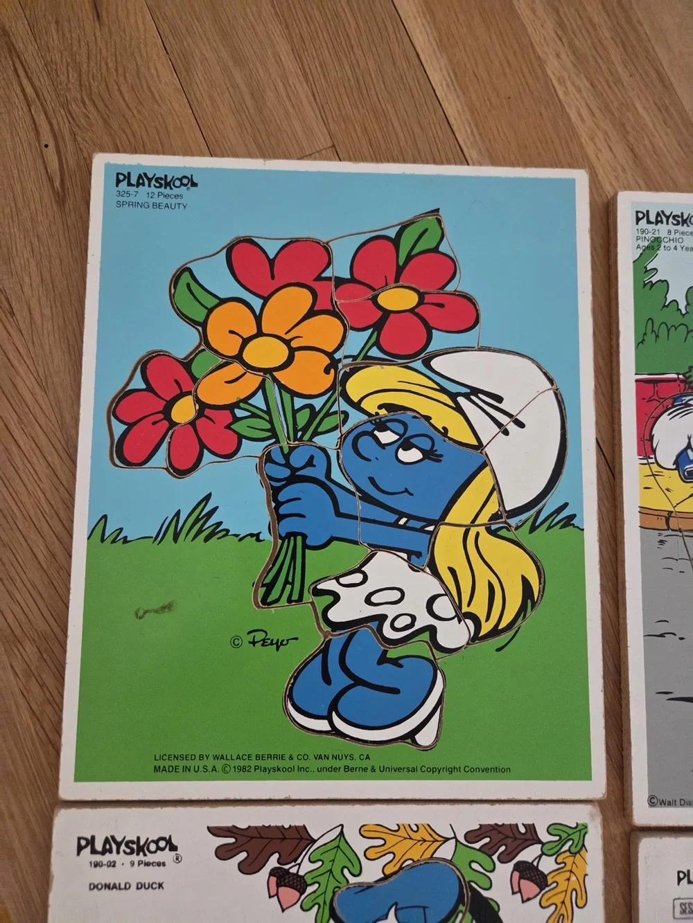 Vintage Playskool Wood Puzzle Lot (4) 1970-80s - Smurfs, Sesame Street, Disney